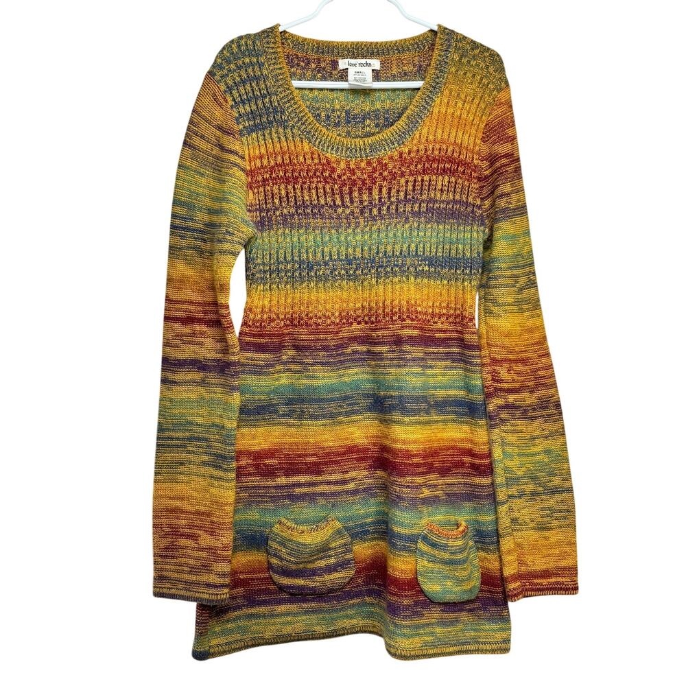 Love Rocks Knit Tunic Sweater Dress Junior Small Multicolor Pullover Long Sleeve